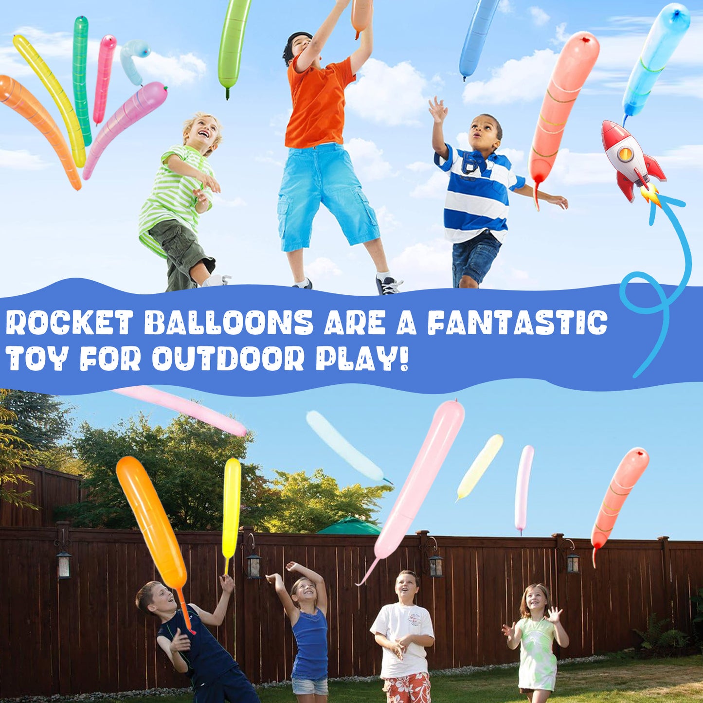 Rocket Balloons 100-Pack with Pump, 40-Inch Whistling Flying Party Balloons, Assorted Colors, Outdoor Kids Toys for Birthdays & Events