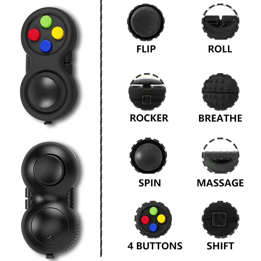 Portable Multi-Functional Fidget Pad - Stress Relief and Focus Toy for Anxiety, ADHD & Autism, Handheld Sensory Gadget with 8 Features, Perfect for Kids & Adults - Includes Lanyard (Black)