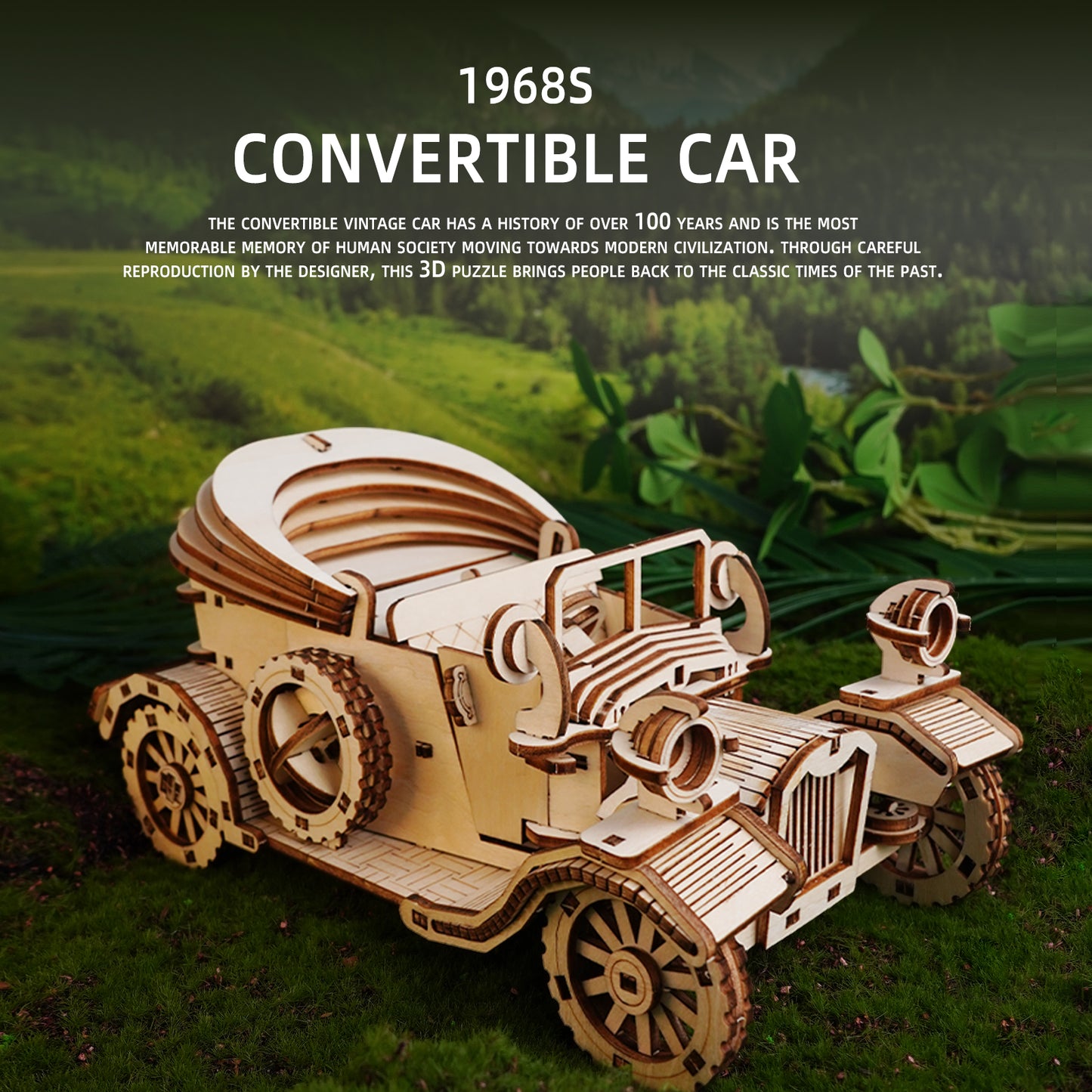 3D Wooden Puzzle Convertible Car, Vintage Car Model Kit to Build, Brain Teaser, Stress Relief Toy, DIY Printing Kit for Kids and Adults 14+