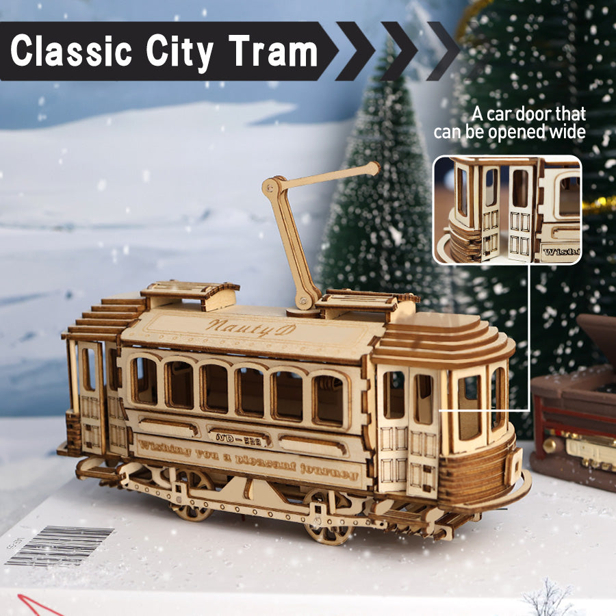 Nautydaddy 3D Wooden Classic City Tram Model Kit, 14+ Educational Toy, DIY Puzzle Gift for Adults