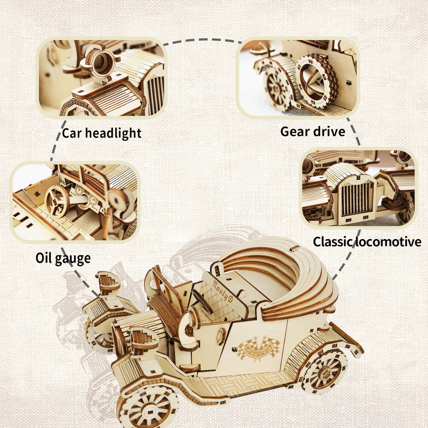 3D Wooden Puzzle Convertible Car, Vintage Car Model Kit to Build, Brain Teaser, Stress Relief Toy, DIY Printing Kit for Kids and Adults 14+