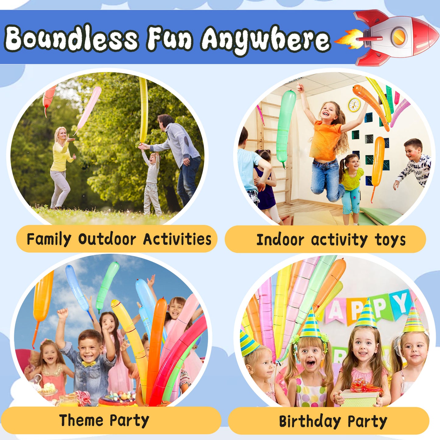 Rocket Balloons 100-Pack with Pump, 40-Inch Whistling Flying Party Balloons, Assorted Colors, Outdoor Kids Toys for Birthdays & Events