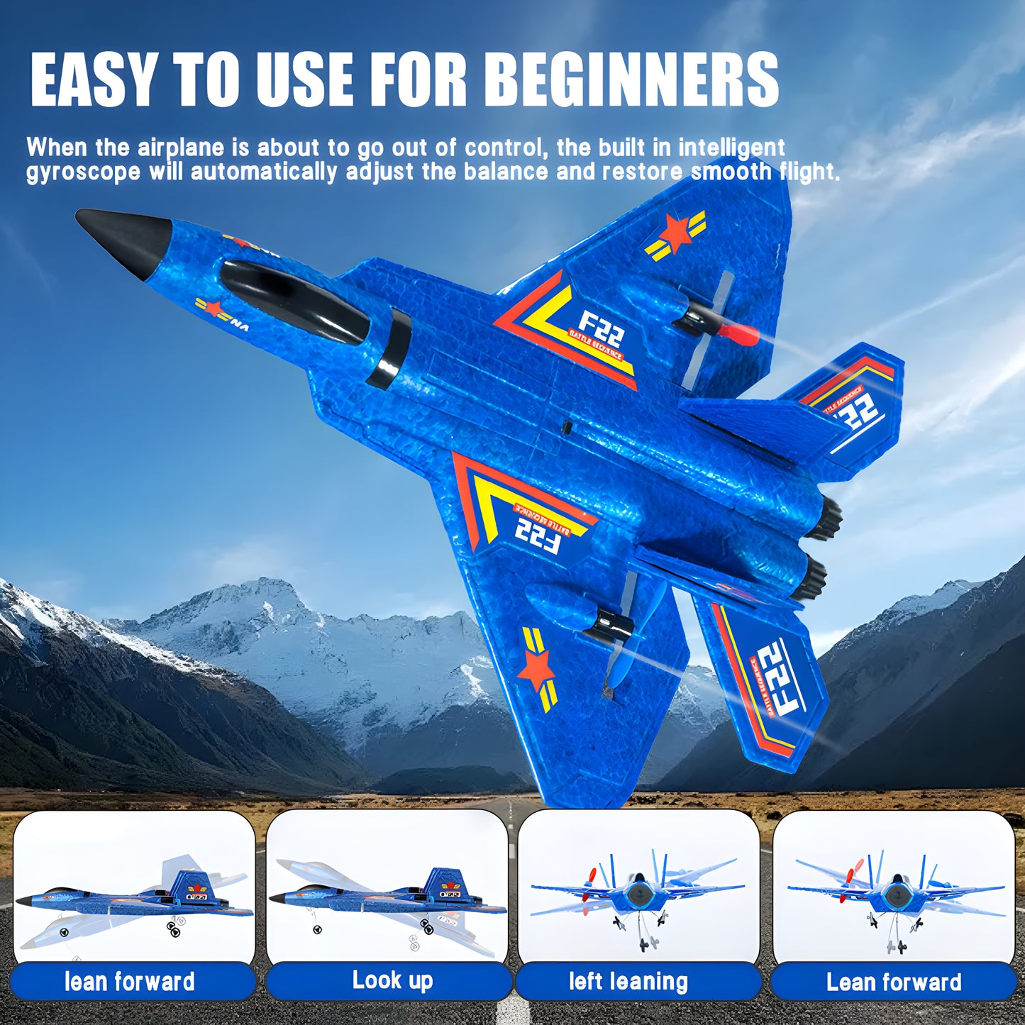F-22 Style RC Airplane, 2.4GHz Gyro, LED (Red/Blue)