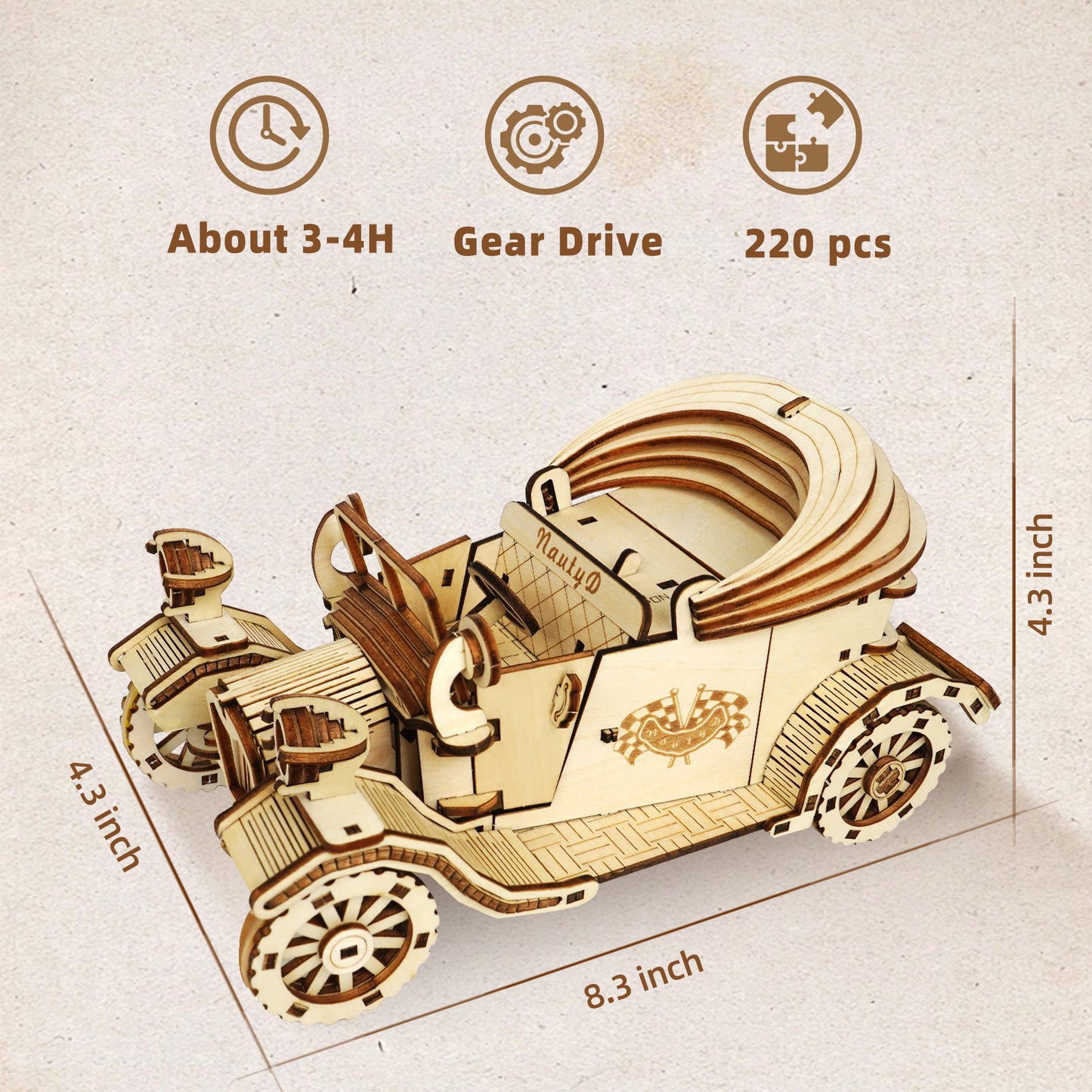 3D Wooden Puzzle Convertible Car, Vintage Car Model Kit to Build, Brain Teaser, Stress Relief Toy, DIY Printing Kit for Kids and Adults 14+