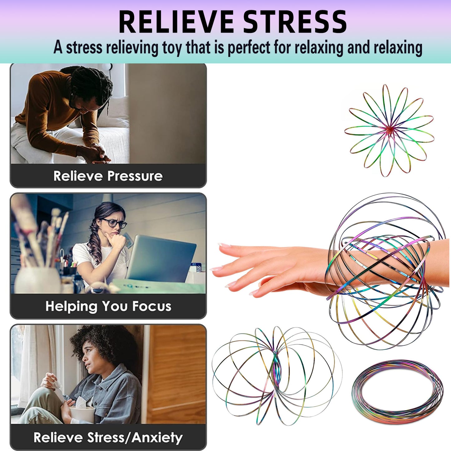 Flow Ring Spinner Ring Arm - Stainless Steel Spring Metal Sensory Rings Flow Magic Flow Bracelet Spinner Rainbow Rings - Rainbow Bracelet Metal Geometric Spinning Bracelet