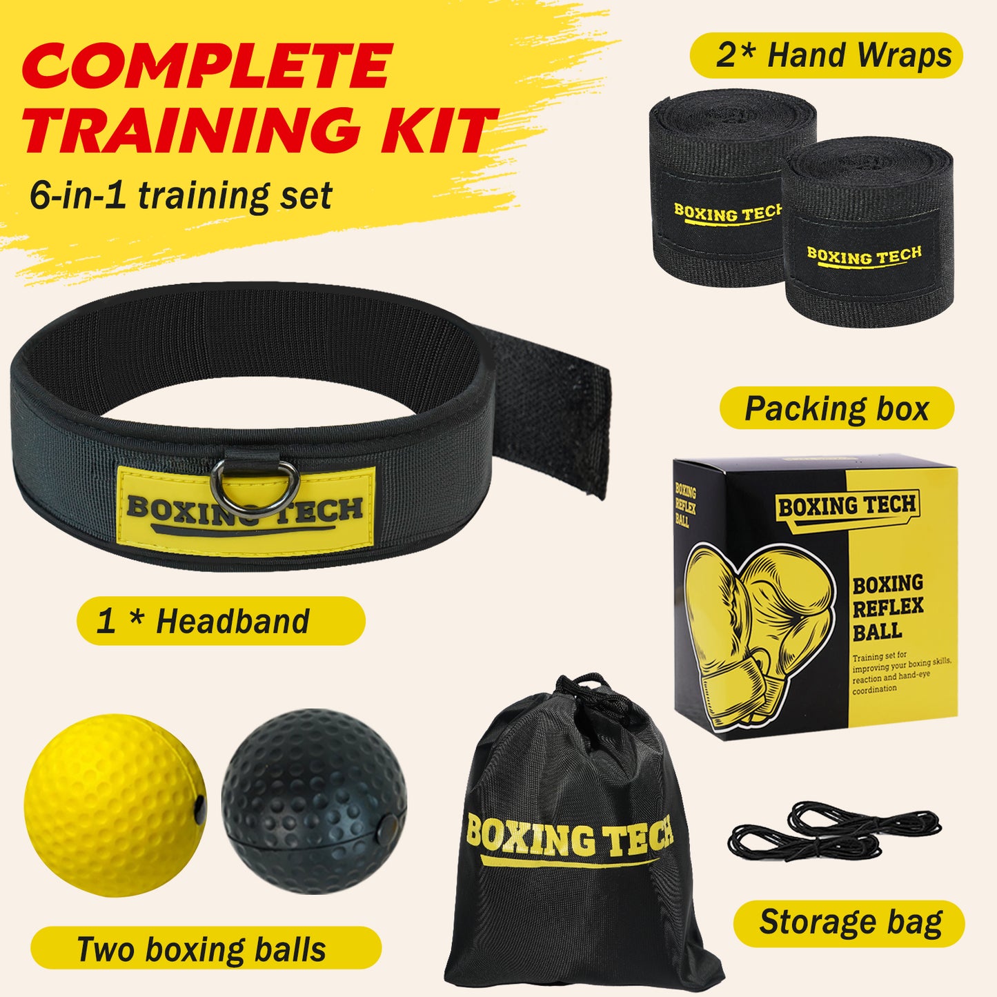 Boxing Reflex Ball Set – 2 Levels, Adjustable Headband, Wraps & Carry Bag