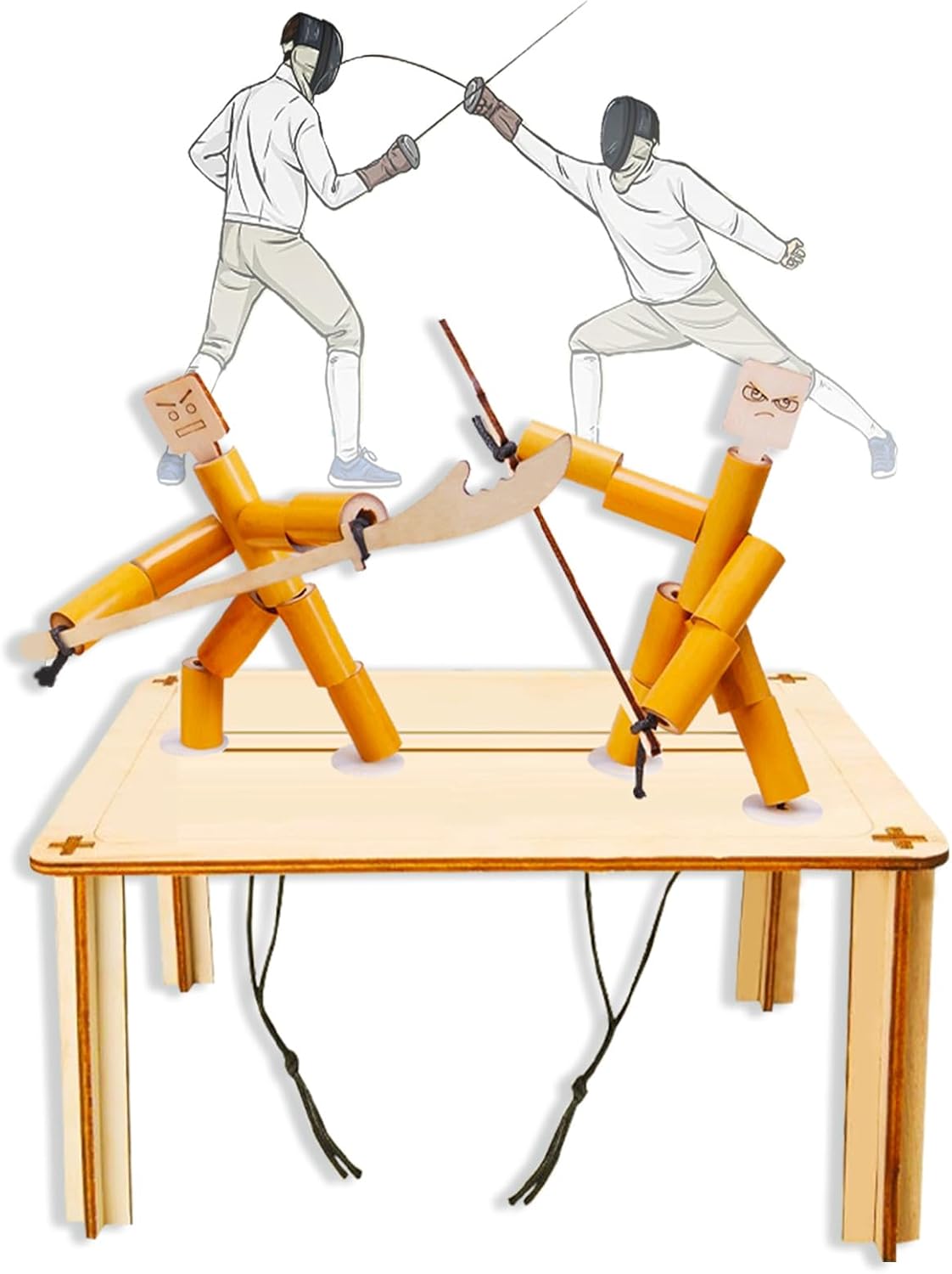 Bamboo Robots Fighting Game, 4 Wooden Weapons, Table Top Party Game,Funny Bamboo Puppet Kit with Wooden Fighting Table Fighting Party Game