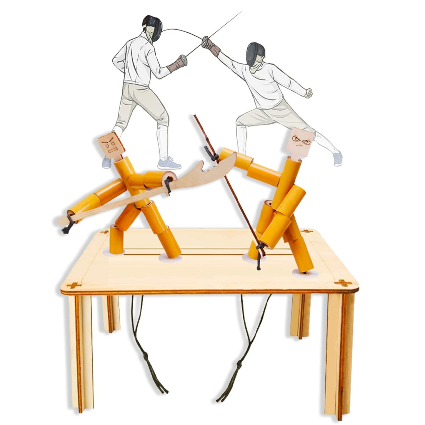 Bamboo Robots Fighting Game, 4 Wooden Weapons, Table Top Party Game,Funny Bamboo Puppet Kit with Wooden Fighting Table Fighting Party Game