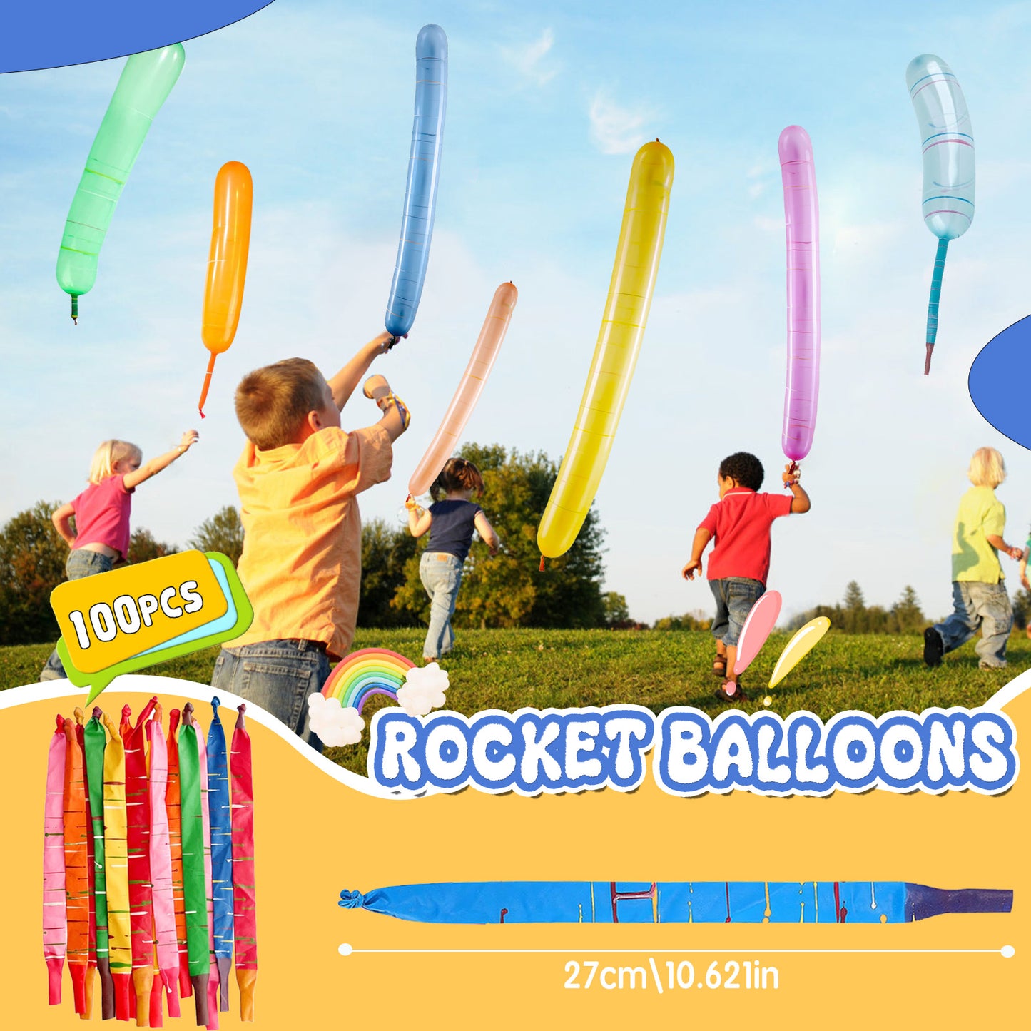 Rocket Balloons 100-Pack with Pump, 40-Inch Whistling Flying Party Balloons, Assorted Colors, Outdoor Kids Toys for Birthdays & Events