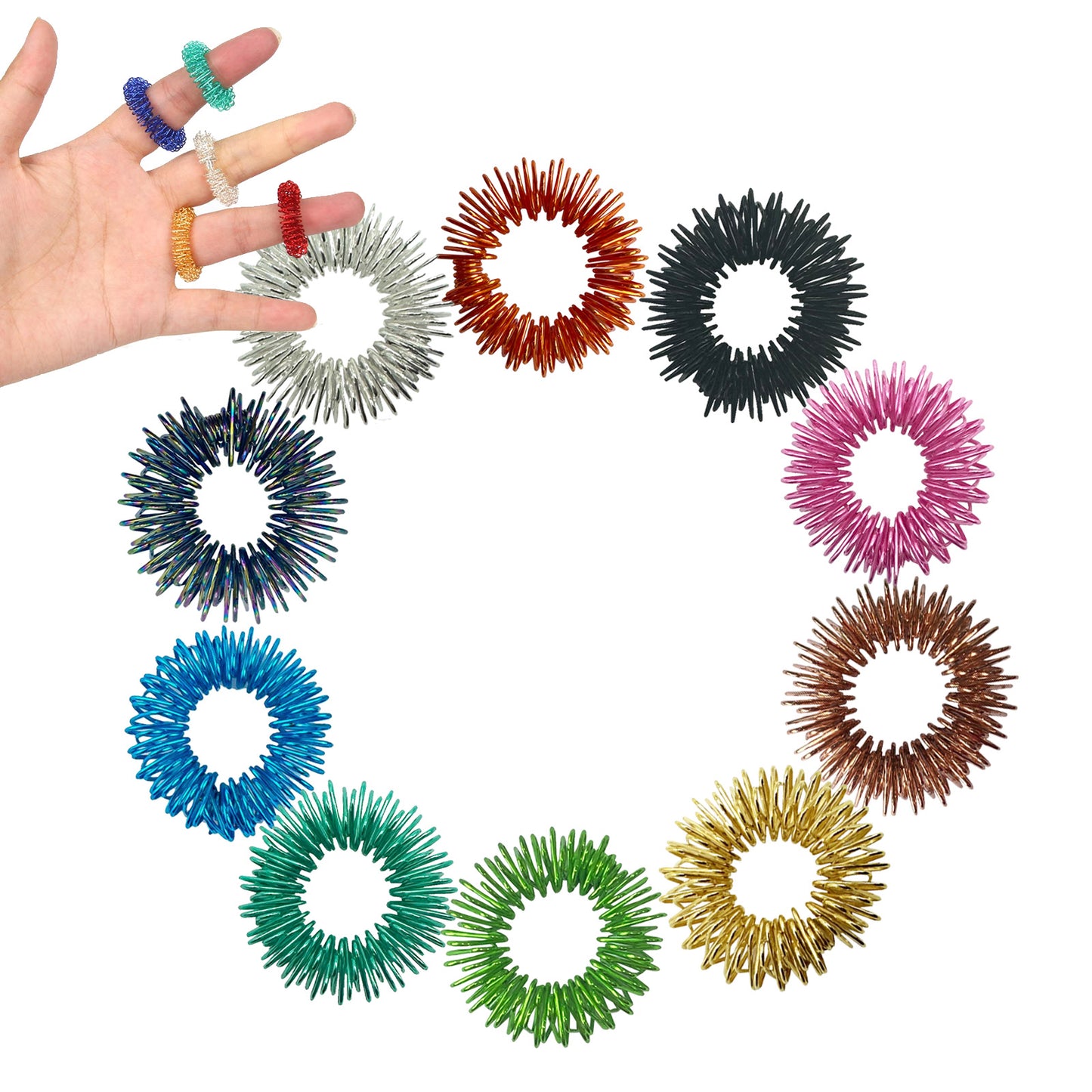 Spiky Sensory Rings, 10 Pack, Stress Relief Fidget Sensory Toys, Fidget Rings, Fidget Ring for Anxiety, Stress Relief Rings, Massager for Fidget ADHD Autism, Silent Stress Reducer Ring