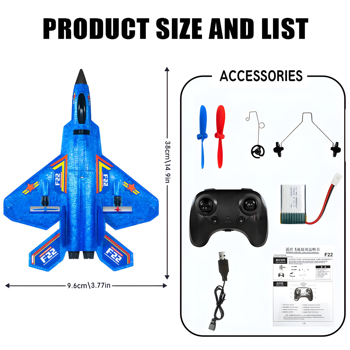 F-22 Style RC Airplane, 2.4GHz Gyro, LED (Red/Blue)