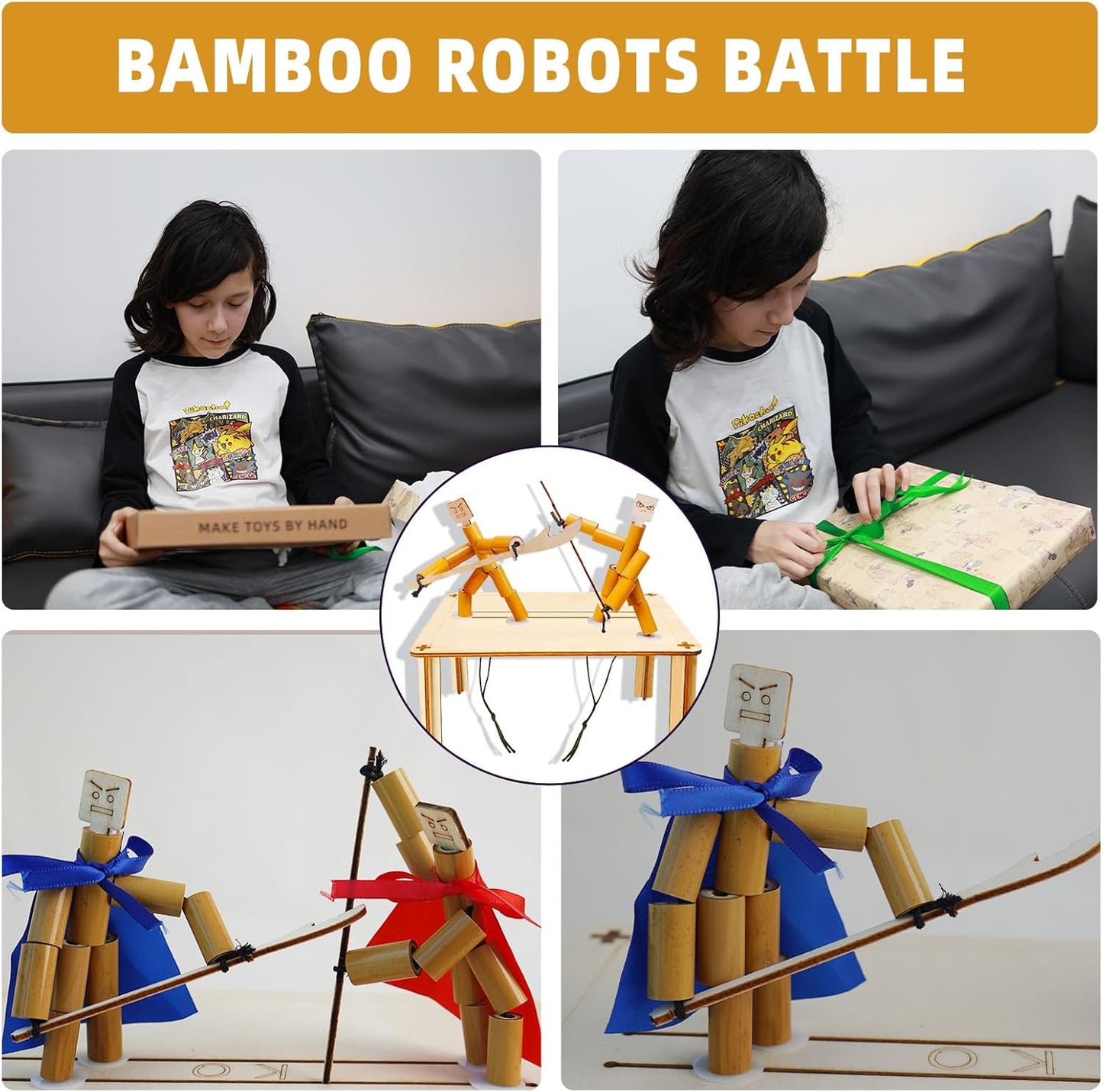 Bamboo Robots Fighting Game, 4 Wooden Weapons, Table Top Party Game,Funny Bamboo Puppet Kit with Wooden Fighting Table Fighting Party Game