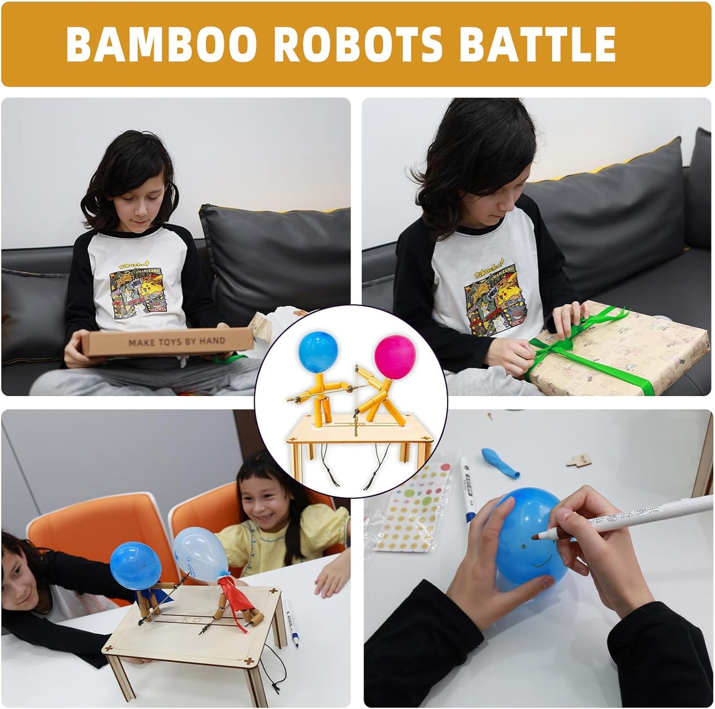Bamboo Robots Battle Game Kit, 18 Metal Weapons, DIY Fighting Toy