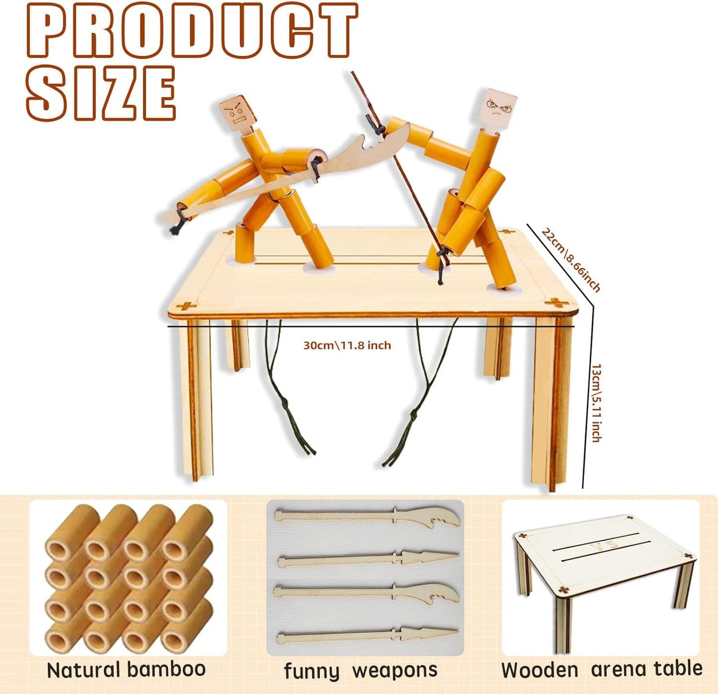 Bamboo Robots Fighting Game, 4 Wooden Weapons, Table Top Party Game,Funny Bamboo Puppet Kit with Wooden Fighting Table Fighting Party Game