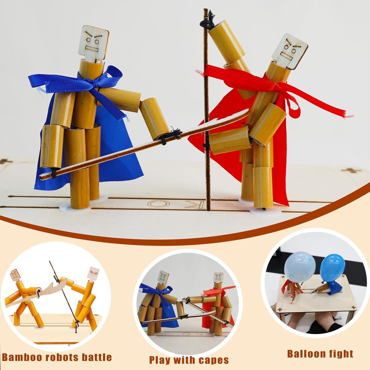Bamboo Robots Fighting Game, 4 Wooden Weapons, Table Top Party Game,Funny Bamboo Puppet Kit with Wooden Fighting Table Fighting Party Game