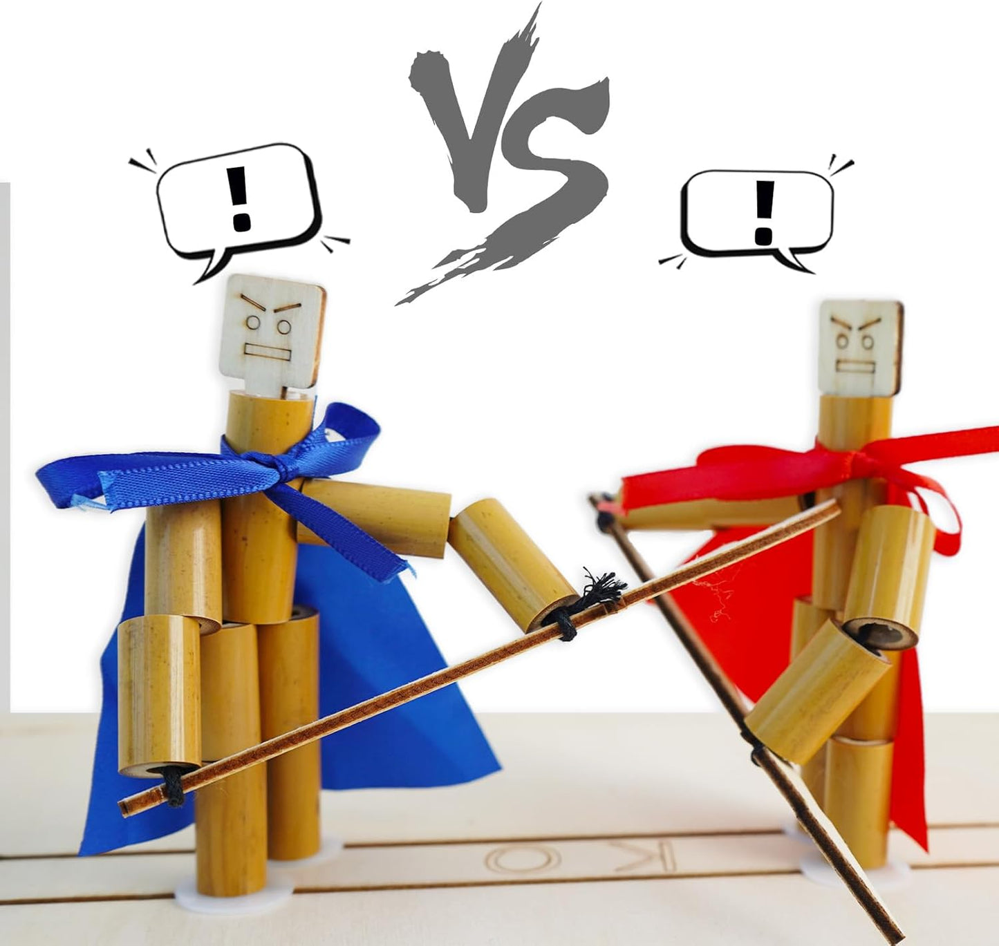 Bamboo Robots Fighting Game, 4 Wooden Weapons, Table Top Party Game,Funny Bamboo Puppet Kit with Wooden Fighting Table Fighting Party Game