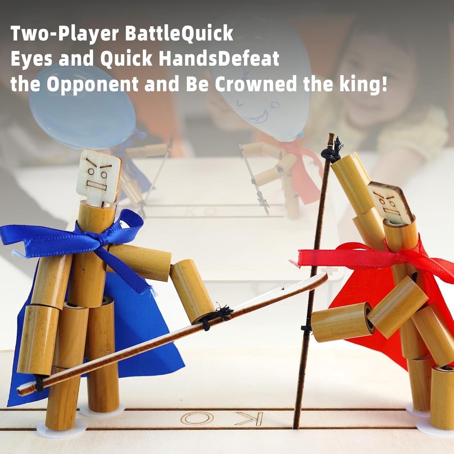Bamboo Robots Fighting Game, 4 Wooden Weapons, Table Top Party Game,Funny Bamboo Puppet Kit with Wooden Fighting Table Fighting Party Game