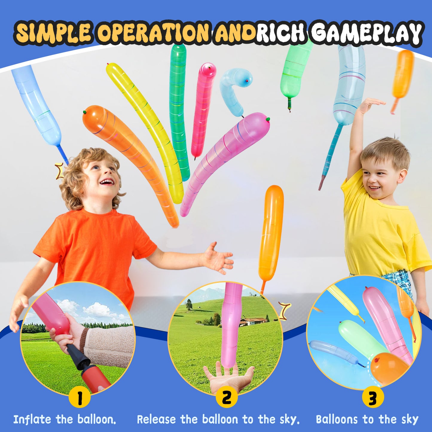 Rocket Balloons 100-Pack with Pump, 40-Inch Whistling Flying Party Balloons, Assorted Colors, Outdoor Kids Toys for Birthdays & Events