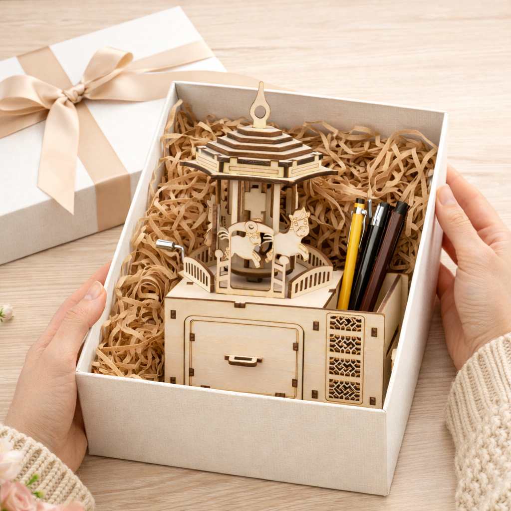 DIY Hand-Crank Wooden Carousel Music Box Pen Holder