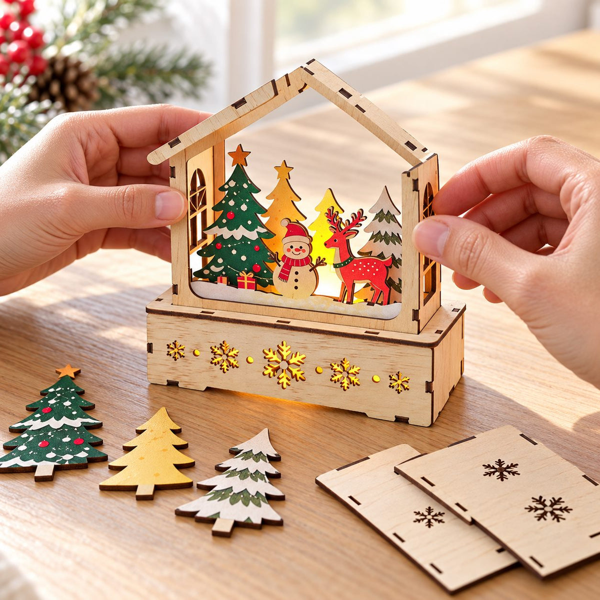 Adult hands assembling the wooden Christmas winter scene house