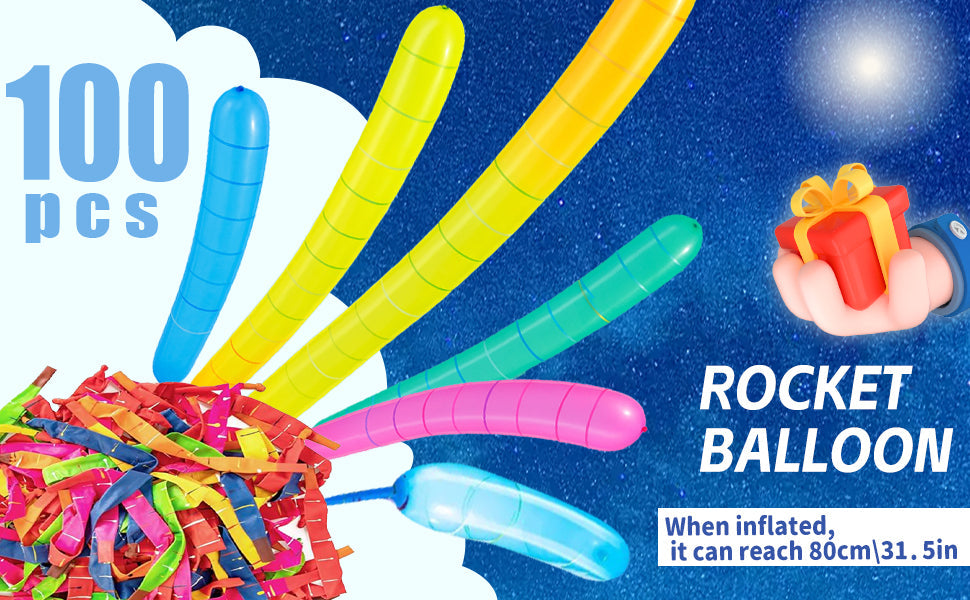 Rocket Balloons 100-Pack with Pump – 40" Whistling Flying Balloons for Kids