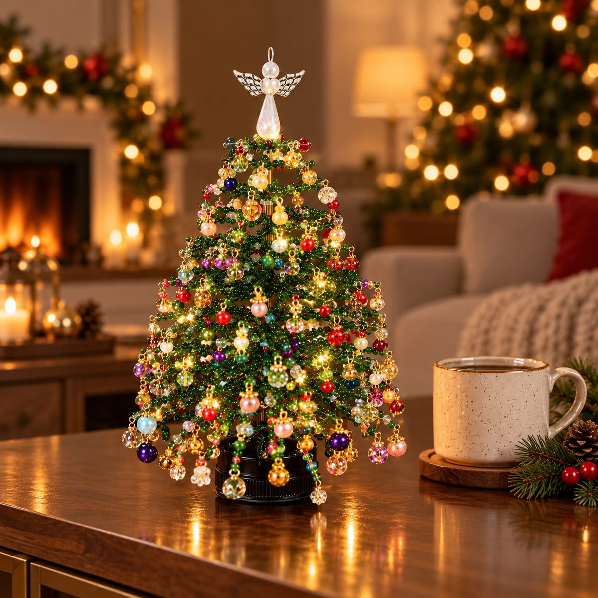 Green Multicolor beaded Christmas tree in a warm home setting