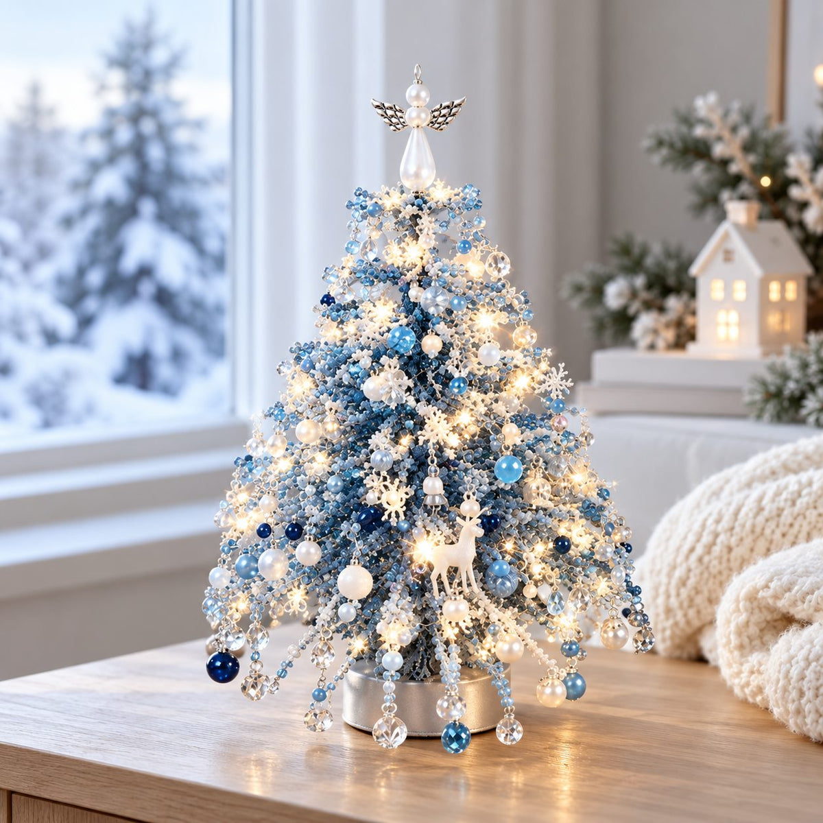 Winter Blue beaded Christmas tree in an elegant winter setting