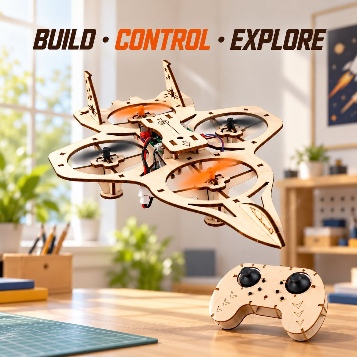 DIY wooden quadcopter flying indoors