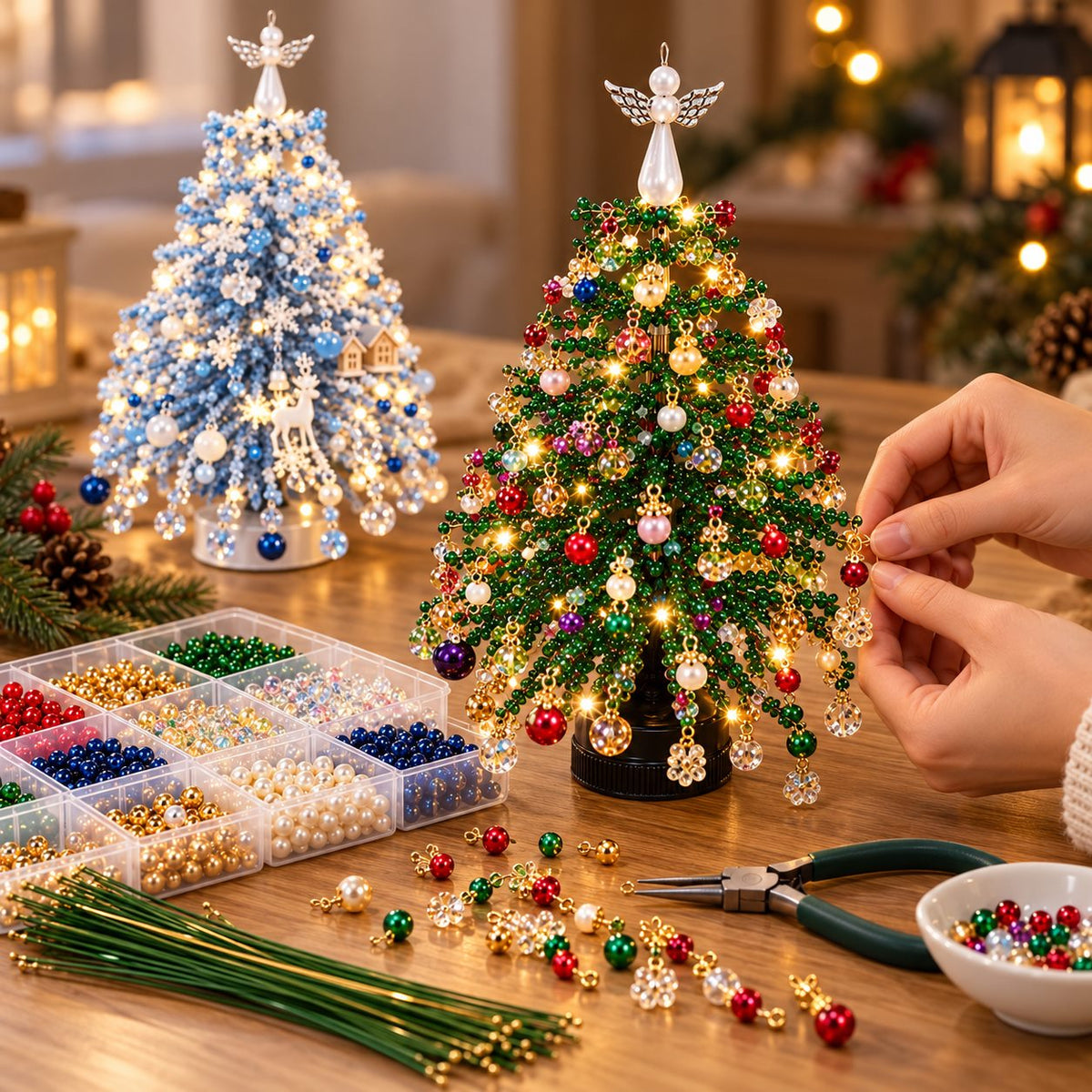 Adult hands assembling a DIY beaded tabletop Christmas tree