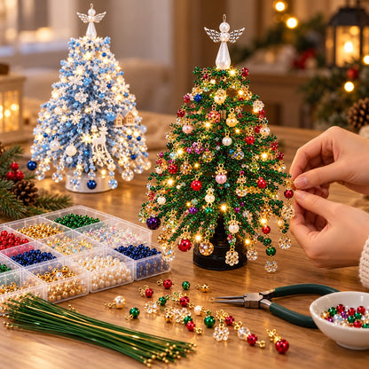 Adult hands assembling a DIY beaded tabletop Christmas tree