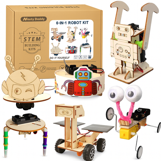 6-in-1 DIY Robot STEM Building Kit – 3D Wooden Puzzle with Drawing & Obstacle-Avoiding Robots, Educational Science Toy for Kids