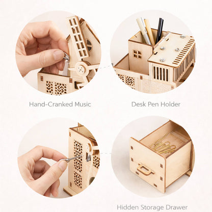 DIY Hand-Cranked Wooden Music Box Pen Holder