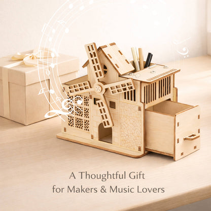 DIY Hand-Cranked Wooden Music Box Pen Holder