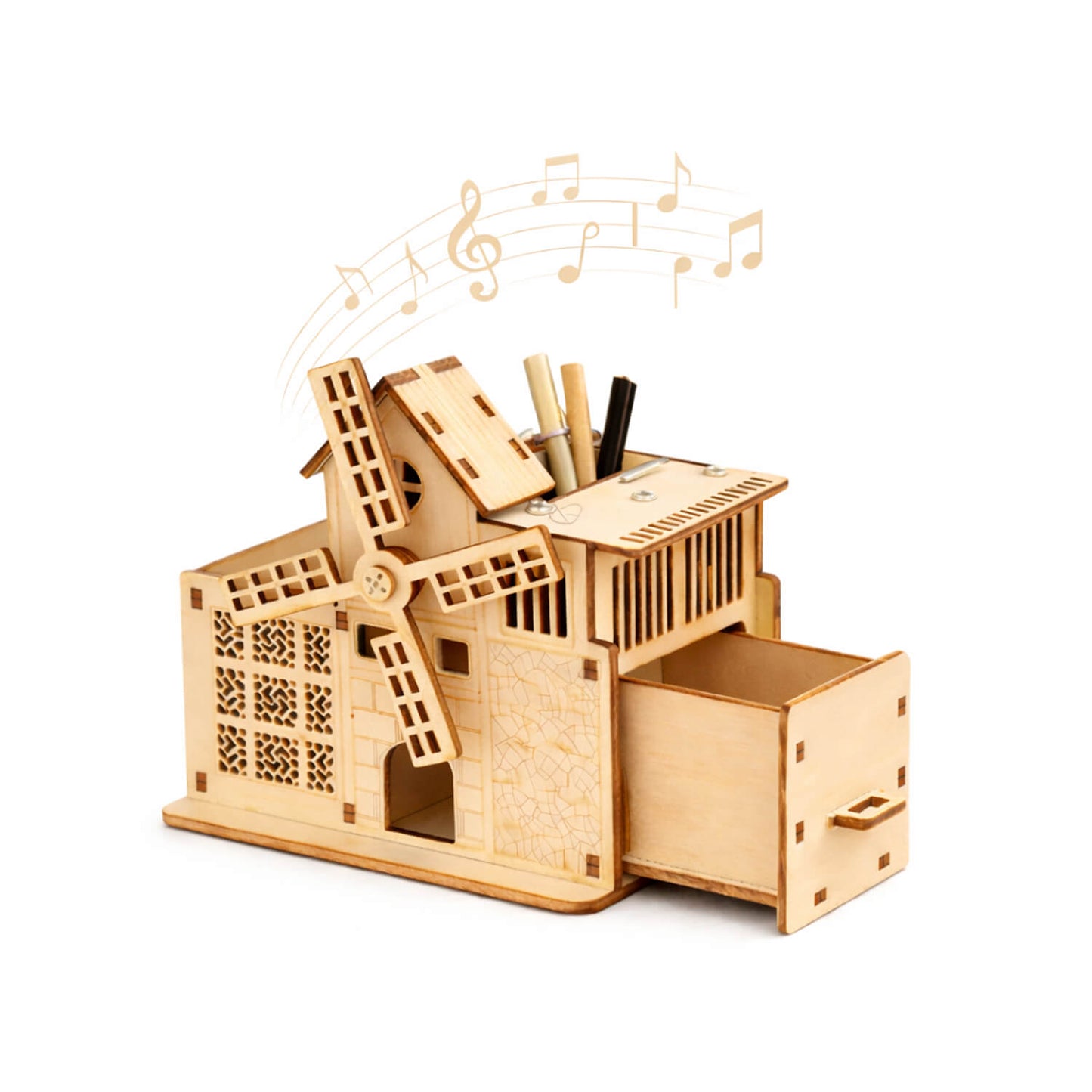 DIY Hand-Cranked Wooden Music Box Pen Holder