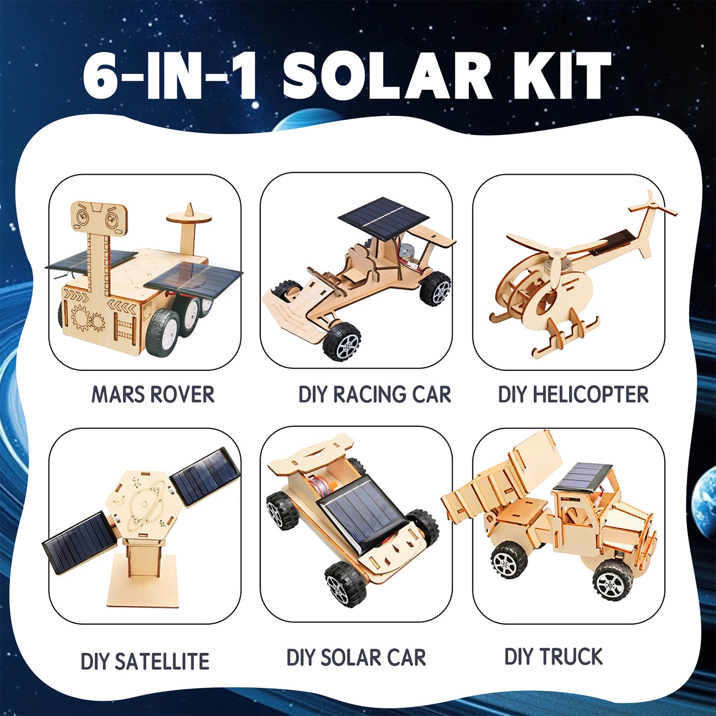 6-in-1 Solar Powered Wooden Mechanical Building Kit – DIY 3D Wooden Puzzle & Creative Model Set, Brain-Boosting Hands-On Craft, Unique Desk Decor, Tech Gift for Ages 14+ and Adults