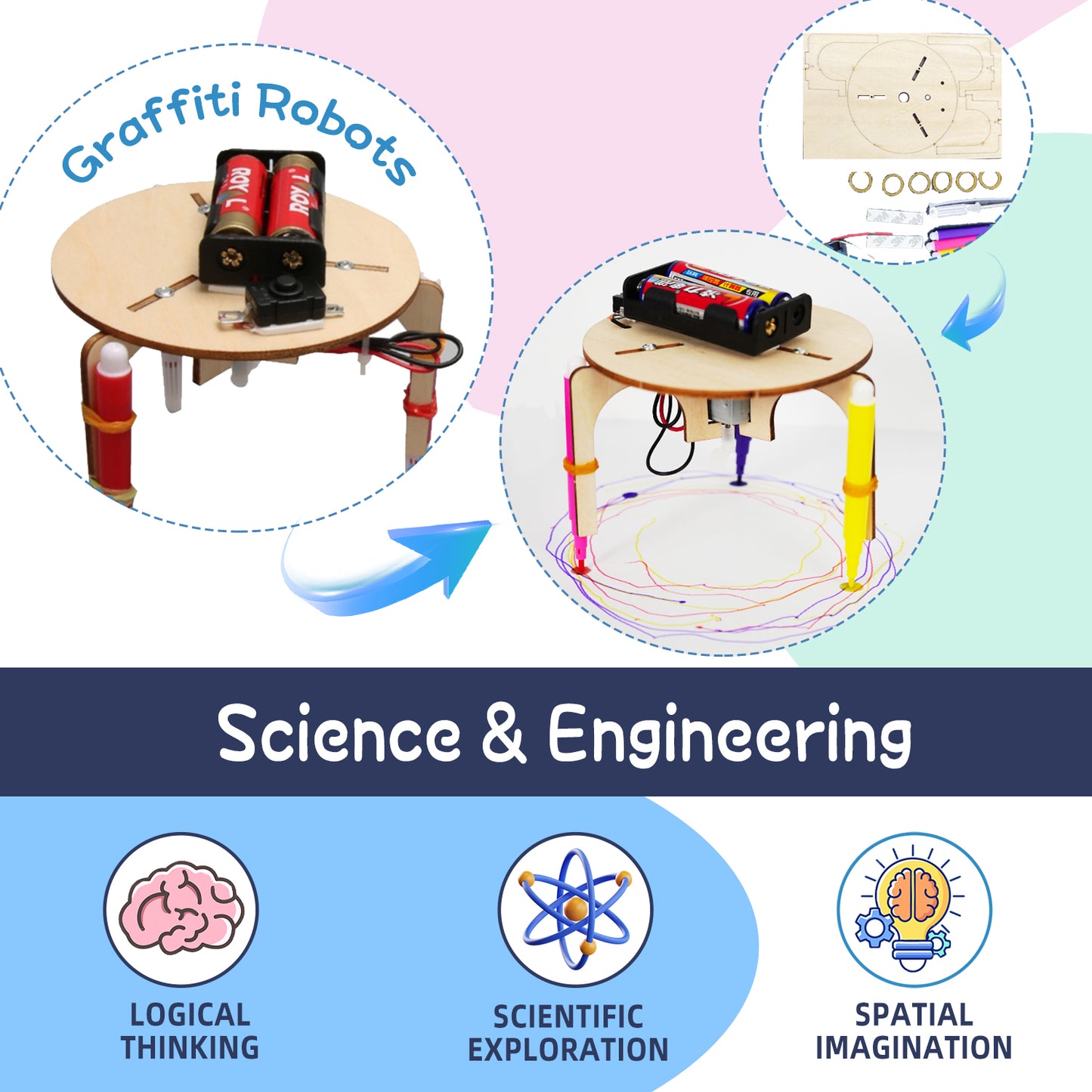 6-in-1 DIY Robot STEM Building Kit – 3D Wooden Puzzle with Drawing & Obstacle-Avoiding Robots, Educational Science Toy for Kids