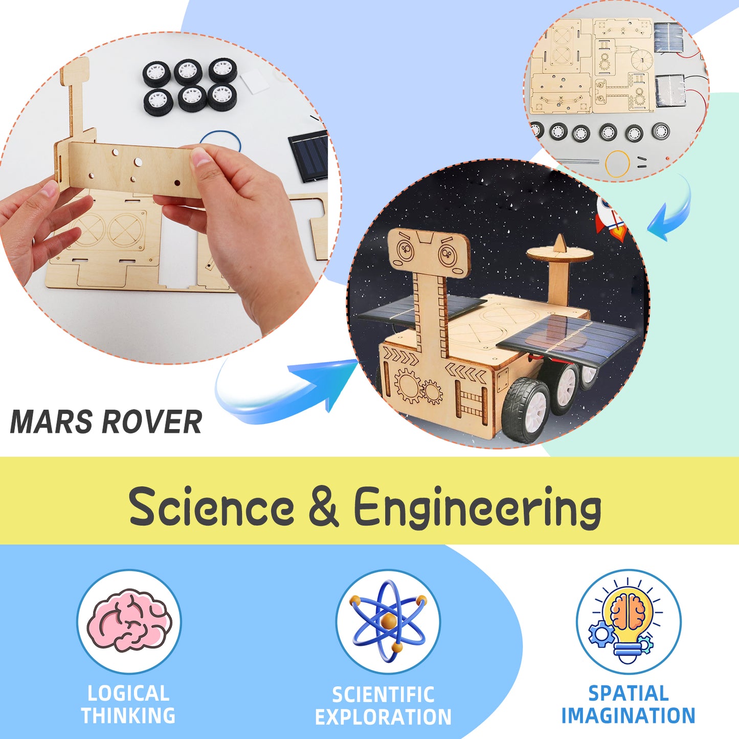 6-in-1 Solar Powered Wooden Mechanical Building Kit – DIY 3D Wooden Puzzle & Creative Model Set, Brain-Boosting Hands-On Craft, Unique Desk Decor, Tech Gift for Ages 14+ and Adults