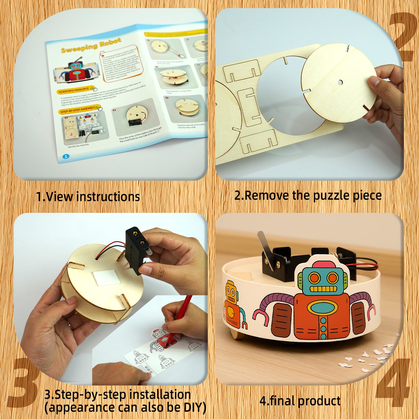 6-in-1 DIY Robot STEM Building Kit – 3D Wooden Puzzle with Drawing & Obstacle-Avoiding Robots, Educational Science Toy for Kids