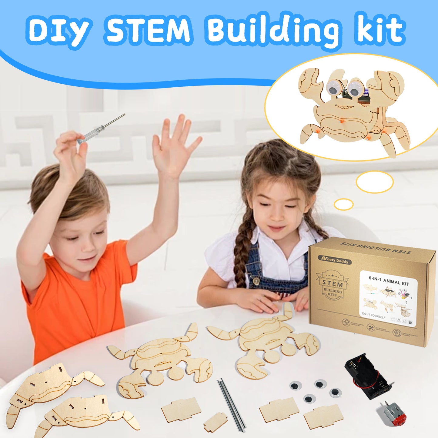 6-in-1 DIY 3D Animal Wooden Puzzle Set – STEM Building Toy with Articulated Parts & Storage Bag for Kids Ages 6+