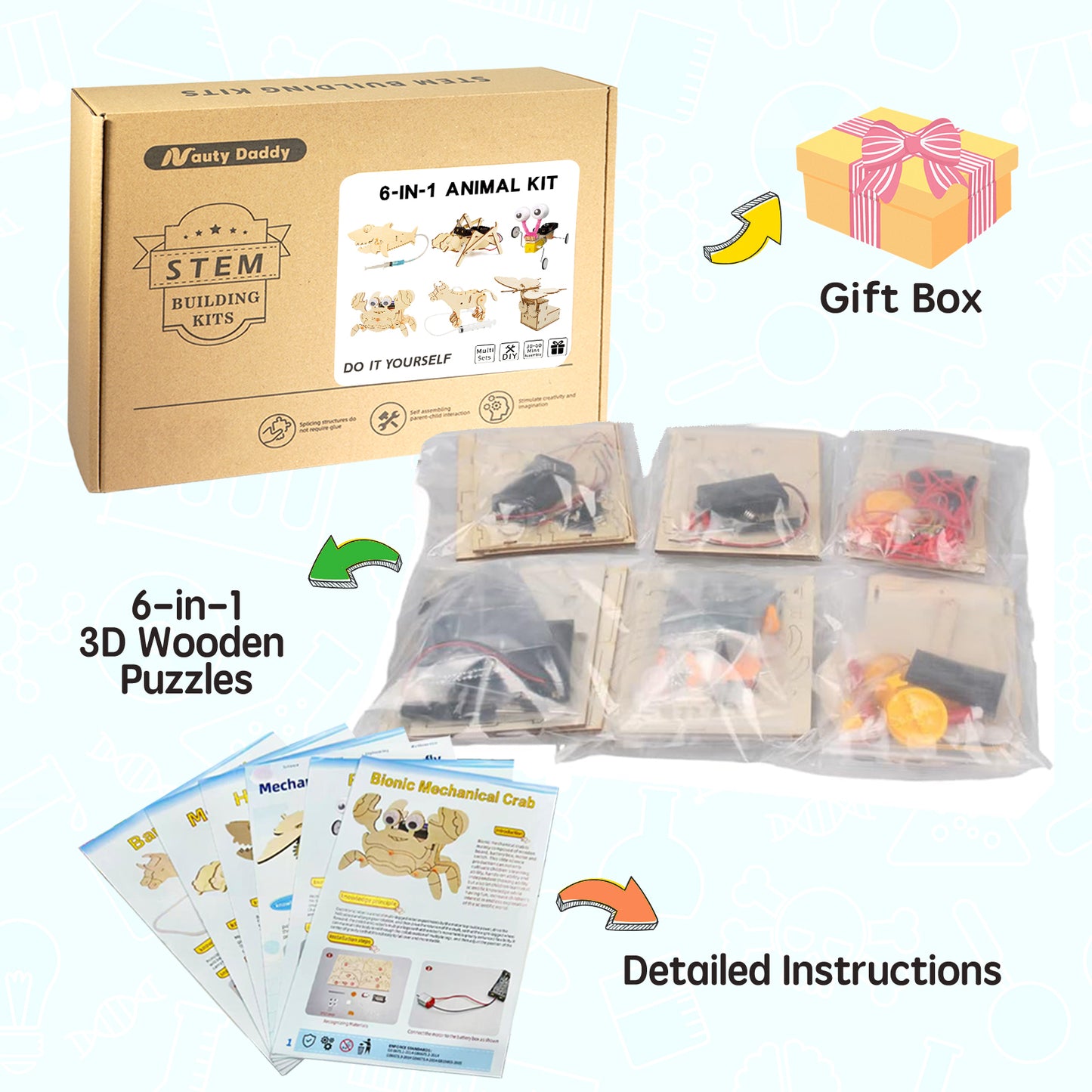 6-in-1 DIY 3D Animal Wooden Puzzle Set – STEM Building Toy with Articulated Parts & Storage Bag for Kids Ages 6+