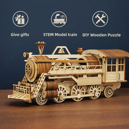 3D Wooden Puzzle Steam Train Set, Model Car Kit to Build, Brain Teaser, Stress Relief Toy