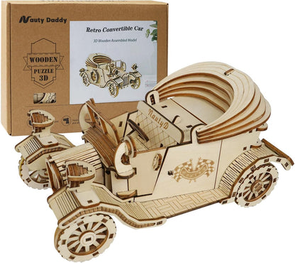 3D Wooden Puzzle Convertible Car, Vintage Car Model Kit to Build, Brain Teaser, Stress Relief Toy, DIY Printing Kit for Kids and Adults 14+