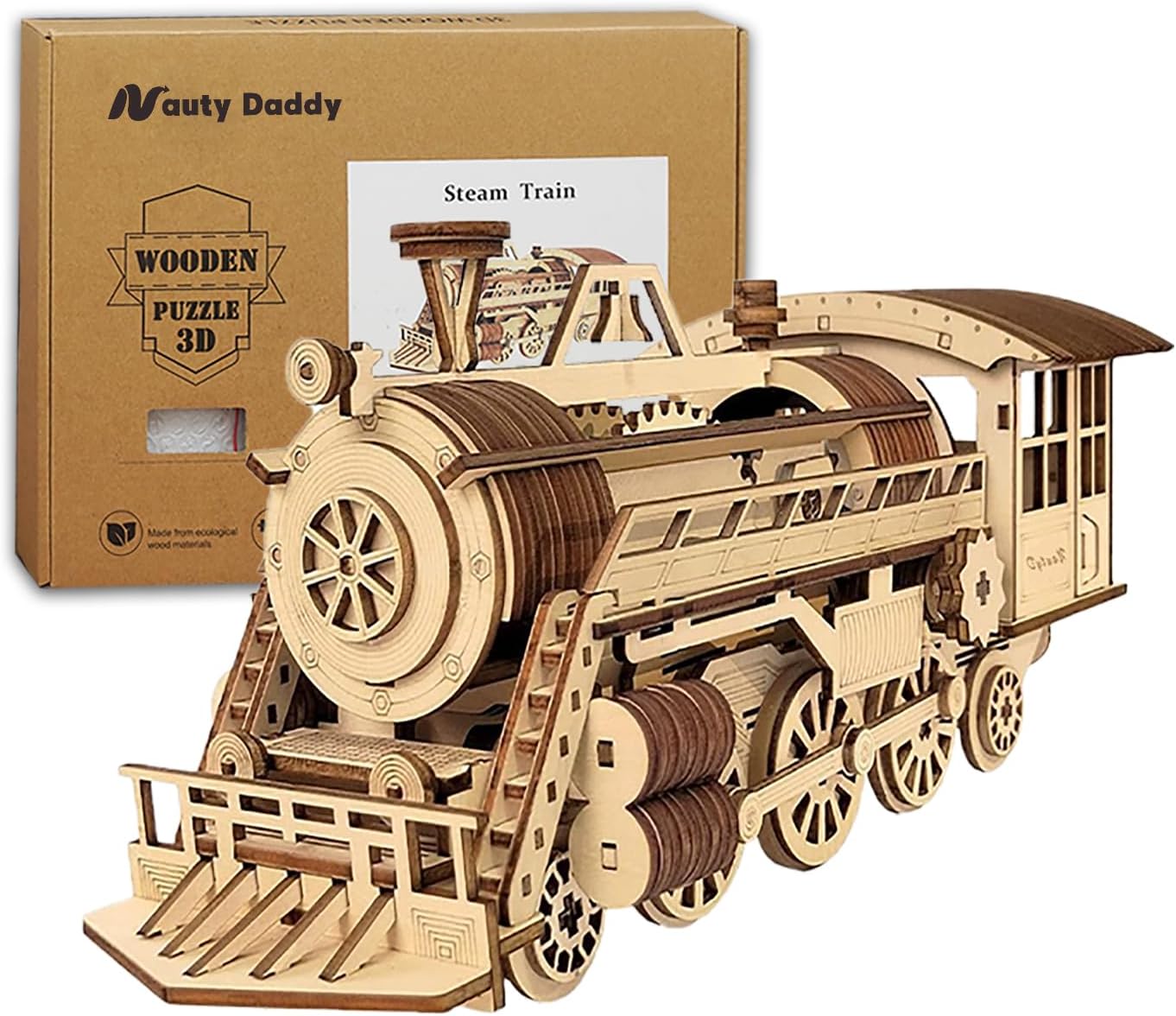 3D Wooden Puzzle Steam Train Set, Model Car Kit to Build, Brain Teaser, Stress Relief Toy