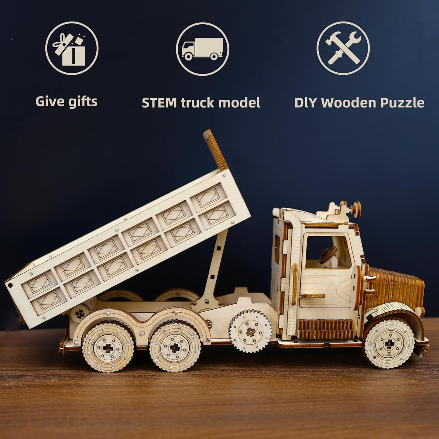 Heavy Duty Truck 3D Wooden Puzzle – DIY Model Kit with Manual Operated Dump Bed, Eco-Friendly Wood, STEM Educational Toy for Adults and Teens