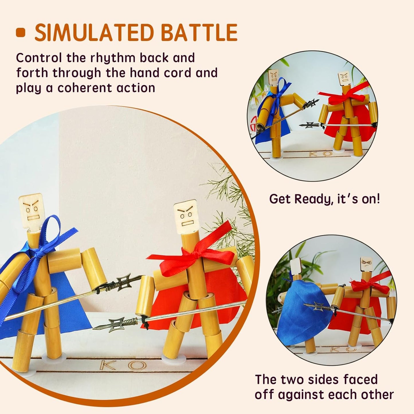 Bamboo Puppet Battle Game Kit, 18 Metal Weapons, DIY Fighting Toy