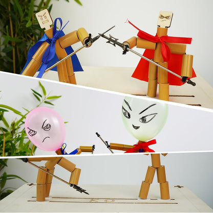 Bamboo Puppet Battle Game Kit, 18 Metal Weapons, DIY Fighting Toy