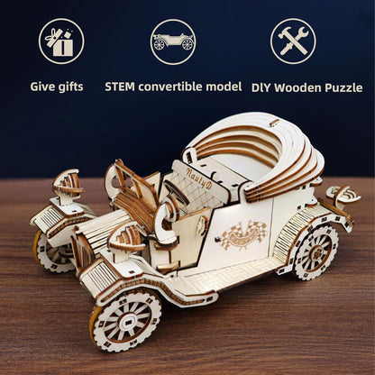 3D Wooden Puzzle Convertible Car, Vintage Car Model Kit to Build, Brain Teaser, Stress Relief Toy, DIY Printing Kit for Kids and Adults 14+