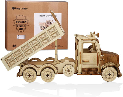 Heavy Duty Truck 3D Wooden Puzzle – DIY Model Kit with Manual Operated Dump Bed, Eco-Friendly Wood, STEM Educational Toy for Adults and Teens