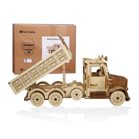 Heavy Duty Truck 3D Wooden Puzzle – DIY Model Kit with Manual Operated Dump Bed, Eco-Friendly Wood, STEM Educational Toy for Adults and Teens