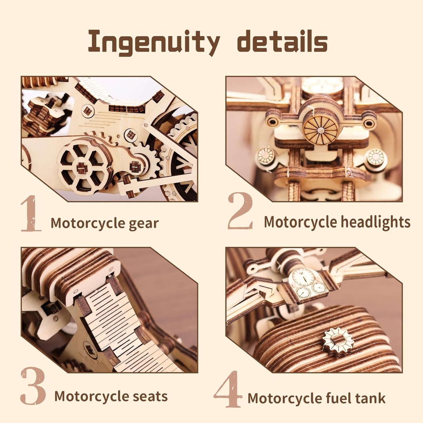 3D Wooden Puzzle Motorcycle Model Kit, Brain Teaser, Stress Relief Toy, 14+, Easy to Assemble